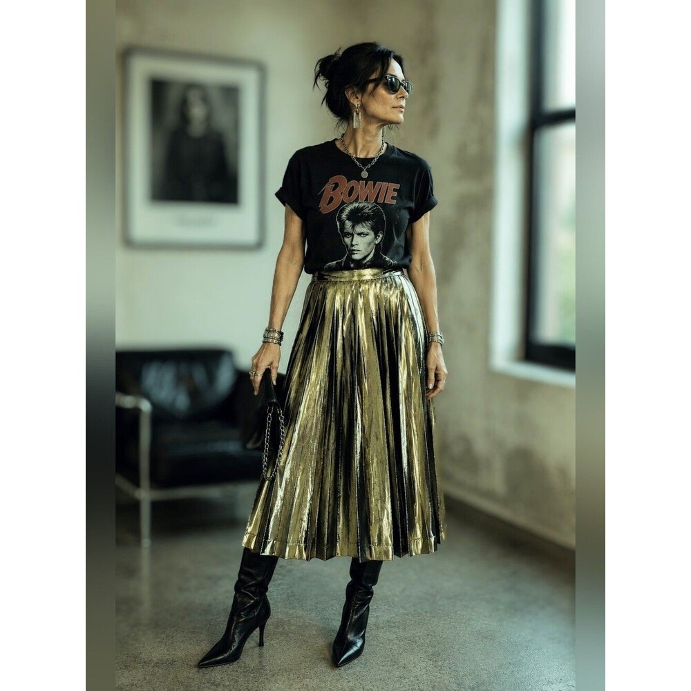 Vintage Saks Fifth Avenue Evan-Picone Metallic Gold Pleated Midi Skirt | ILGWU